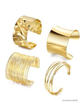 Chunky Cuff Bracelets Open Wide Bangle Adjustable Alloy 4 Piece Set